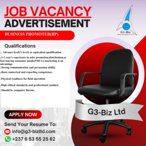 JOB VACANCY CALL1. GENERAL INFORMATION - Solicitation Number: G3B/HR/001/05/2026 - Issuance Date: 06/05/2026 - Closing Date/Time: 19/05/2026 - Point of Contact: info@g3-bizltd.com - Position Title/Number Needed: Business Promoter (04) - Duty Station: Limbe, South West Region, Cameroon - Job Type: Full Time - Reporting Line: Sales Supervisor 2. STATEMENT OF DUTY Global Strategic Business Limited (G3-Biz Ltd) is a dynamic beverage distribution company committed to disciplined market expansion, responsible commercial execution, and ethical business practices. We are seeking a results-driven and ethically grounded Business Promoter who will drive market growth while upholding the company’s values of integrity, accountability, professionalism, and teamwork. 3. ROLE PURPOSE To support territory growth, increase product visibility, activate new outlets, strengthen customer relationships, and protect company assets while demonstrating discipline, honesty, and operational excellence. 4. KEY RESPONSIBILITIES A. Market Development & Sales Execution • Execute approved journey plans with full territory coverage. • Support achievement of assigned sales volume and distribution targets. • Activate new outlets and increase SKU penetration. • Provide timely market and competitor intelligence. • Maximize sales opportunities during assigned events. B. Customer Relationship & Brand Representation • Build trust-based and respectful customer relationships. • Ensure proper display and visibility of company products. • Represent G3-Biz professionally at all times. • Resolve and escalate customer concerns promptly. C. Asset & Operational Discipline • Safeguard company promotional materials and field tools. • Maintain accurate daily reporting and documentation. • Respect assigned territory boundaries strictly. • Participate fully in end-of-day operational processes as required. D. Mobility & Driving Responsibilities • Possess and maintain a valid driver’s license. • Safely operate company or assigned vehicles in line with company policy. • Ensure proper handling and basic care of assigned vehicle/motorbike. • Comply with all road safety and traffic regulations. • Promptly report any incidents, damages, or mechanical issues. 5. PERSONAL ETHICS & BEHAVIOURAL EXPECTATIONS We are recruiting not just skill, but character. The ideal candidate must: • Demonstrate zero tolerance for fraud or misconduct. • Show honesty in all financial and field transactions. • Be accountable without constant supervision. • Maintain discipline under pressure. • Work collaboratively and respectfully within teams. • Uphold and protect the G3-Biz brand image at all times. 6. MINIMUM QUALIFICATIONS Education: Advanced Level (A-Level) or equivalent qualification. Experience: 1–2 years’ experience in sales promotion, distribution, or Fast Moving Consumer Goods (FMCG) marketing is an advantage. Skills Required: • Strong communication and persuasion ability • Basic numerical and reporting competence • Physical readiness for field operations • High ethical standards and professional conduct 7. PERFORMANCE EXPECTATIONS The Business Promoter will be evaluated based on: • Territory coverage compliance • Outlet activation and market expansion • Contribution to sales growth • Event performance execution • Asset protection and documentation accuracy • Professional discipline and teamwork 8. EVALUATION & SELECTION FACTORS • Relevant Experience – 30% • Job Knowledge & Sales Understanding – 40% • Behavioural Competence & Integrity – 30% 9. APPLICATION PROCEDURE Interested candidates should submit: a cover letter, CV, copy of National ID, and relevant Certificates Subject of email:BUSINESS PROMOTER – G3-BIZ LTD Send to:info@g3-bizltd.com Only shortlisted candidates will be contacted. NB: Due to the urgency of the position, G3-Biz has the right to recruit a candidate who matches the required profile before the above deadline. The HOD HR/Admin G3-Biz Ltd Cameroon